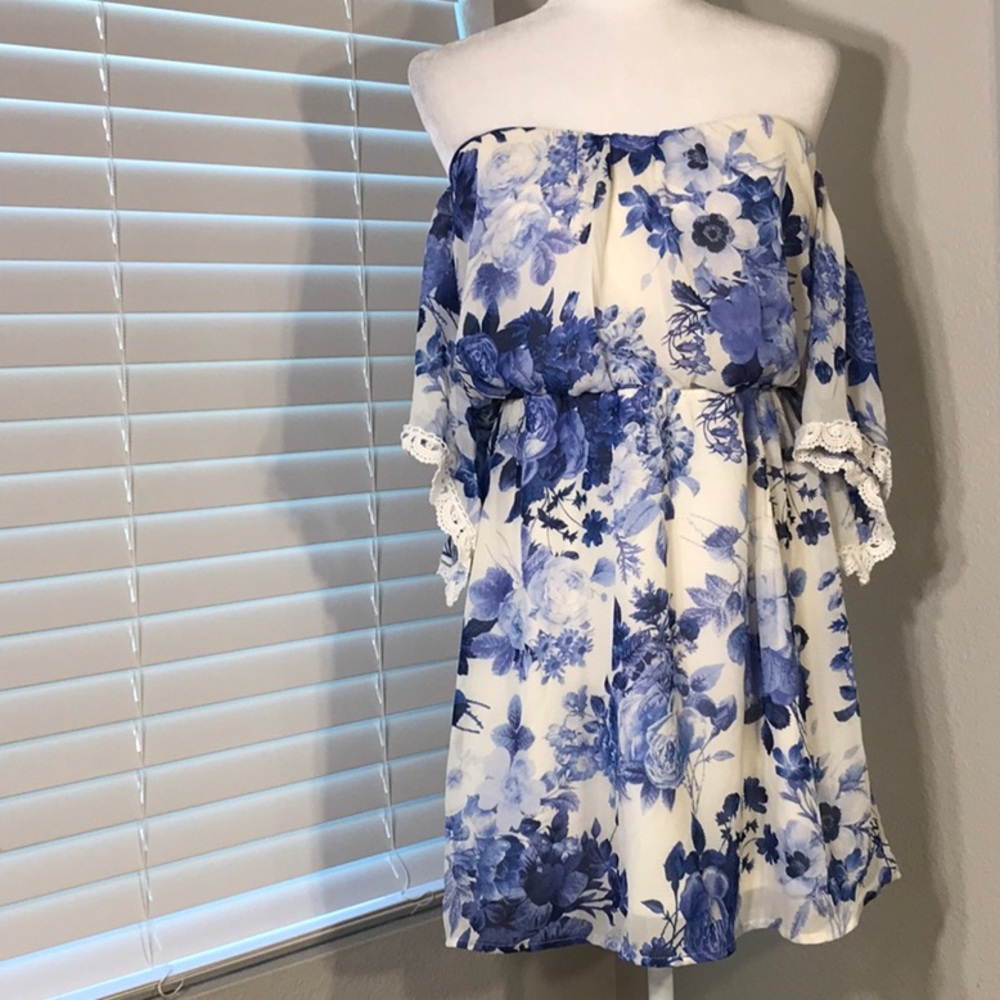 White & Blue Floral Backless Dress